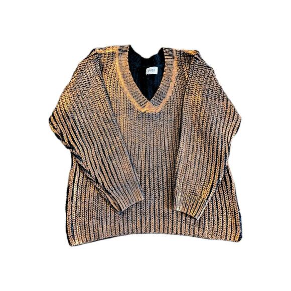 BiBi Metallic Bronze Ribbed Sweater | Shimmer Knit V-Neck Pullover | Cozy... - Picture 2 of 10